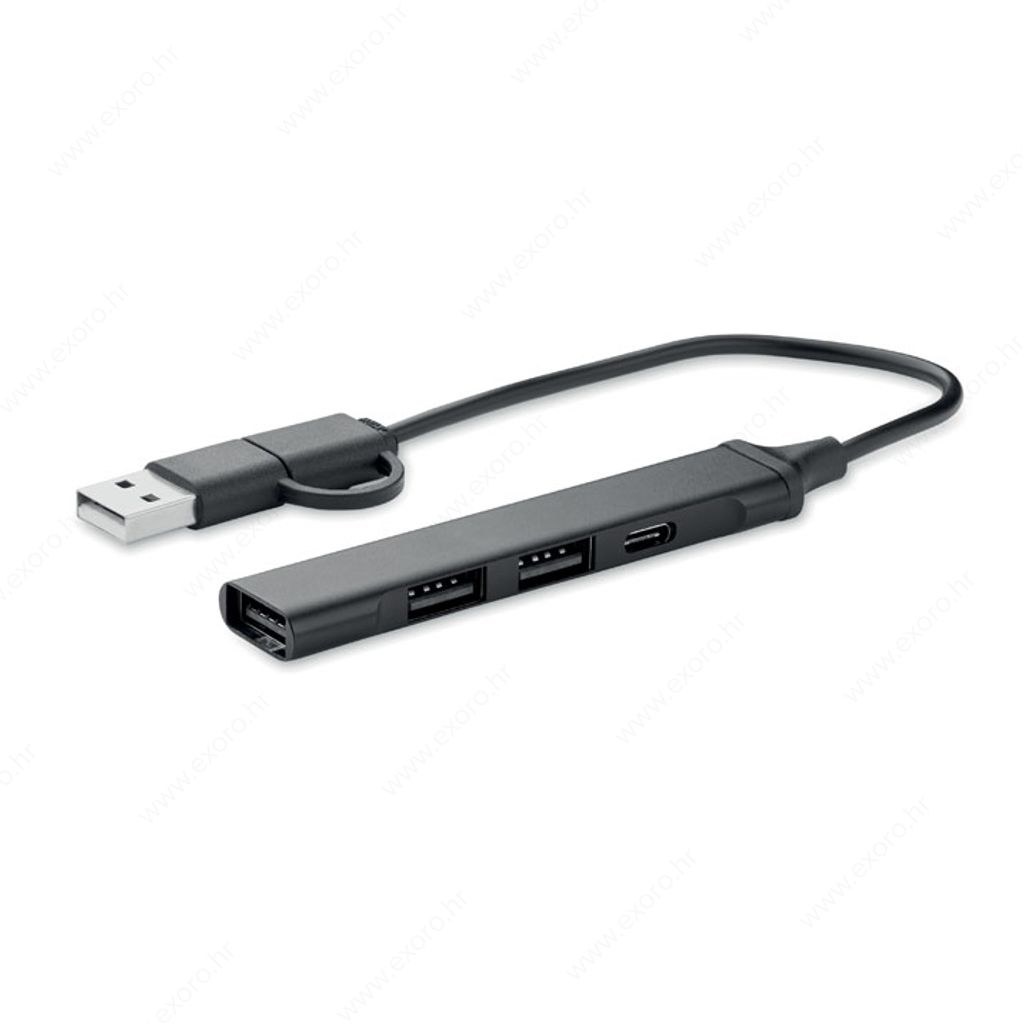 MO2294-03 USB čvorište CURRENT s 4 priključka od recikliranog aluminija, crni
