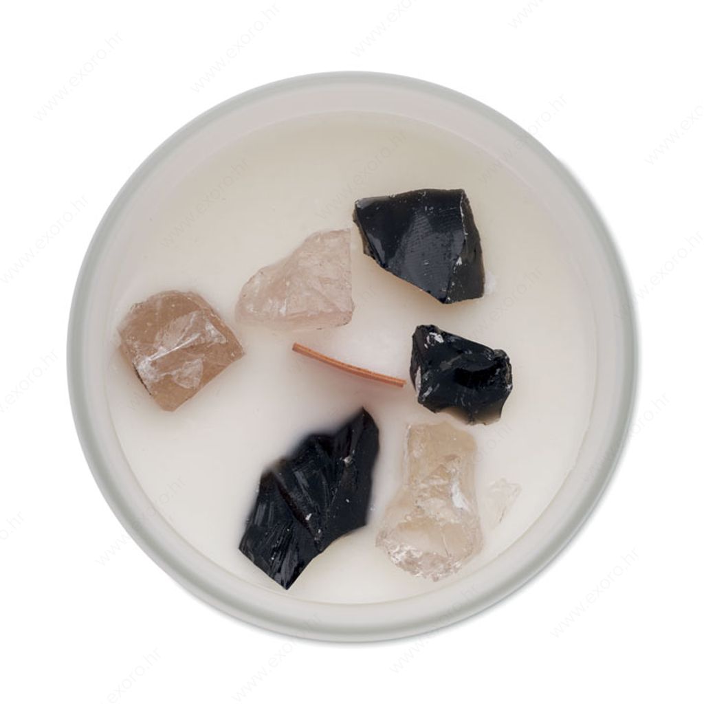 MO2370-06 Svijeća mirisna vanilija KIVAS + kamenčići i drveni fitilj bijela