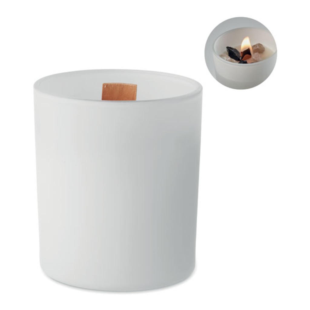 MO2370-06 Svijeća mirisna vanilija KIVAS + kamenčići i drveni fitilj bijela